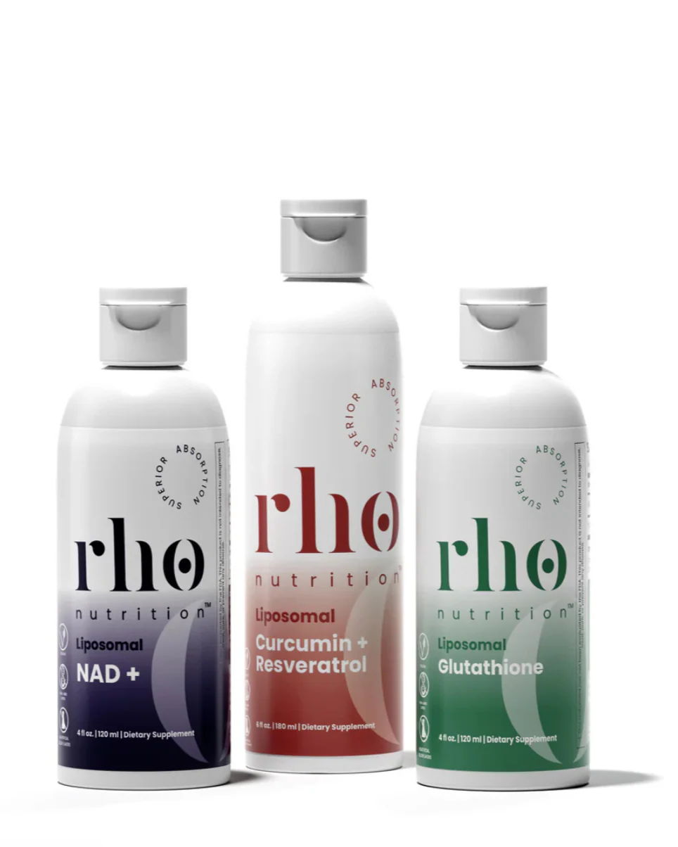 Rho Nutrition - Cellular Health Essentials Bundle – Liquid Liposomal Supplements for Healthy Aging & Cellular Support - NAD+, Curcumin + Resveratrol, & Glutathione (3 Pack)